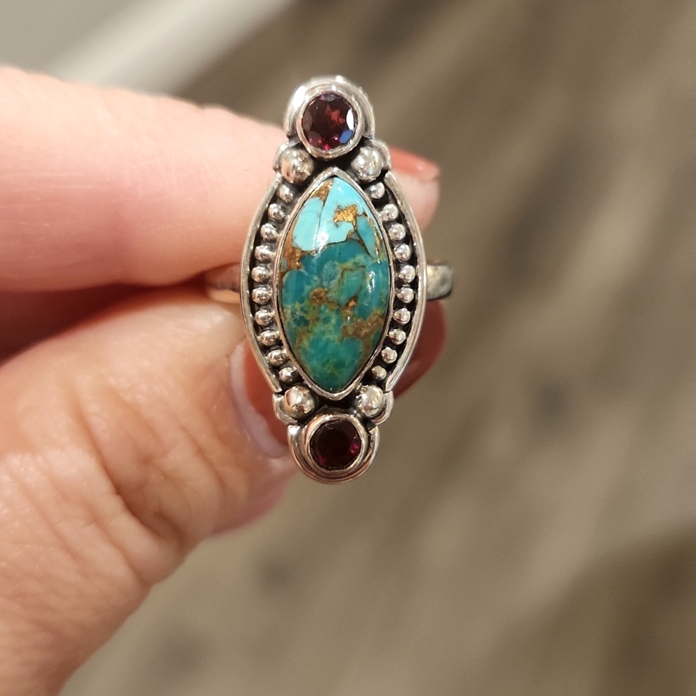 NEW Genuine Sterling Silver & Copper Teal Turquoise Ring - Picture 2 of 4